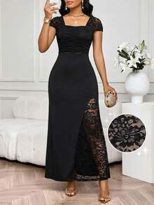 SHEIN Lady Váy dự tiệc ren chắp vá thanh lịch dành cho nữ - màu đen - Xem 1