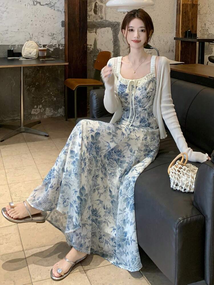 Women's Floral Print Spaghetti Strap Midi Dress, Suitable For Party, Birthday, And Special Occasions Spring Easter Sundress