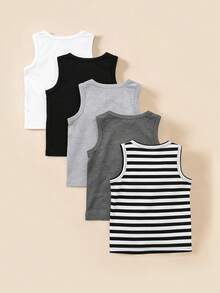 SHEIN Playful Pals 5件套休闲白色针织无袖背心，适合叠穿、外出、休闲穿着、旅行，适合6个月至3岁的男婴。