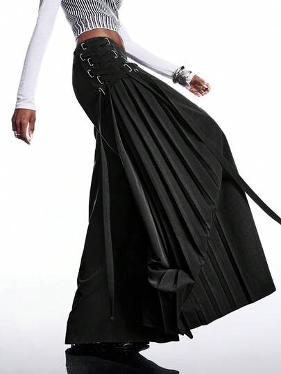 LYSMO New Minimalist Spring/Summer Women's Solid Color Lace-Up Pleated Retro Wide-Leg Pants, Black Midi Skirt, Long Wrap Skirt, Lace-Up Midi Skirt, Pleated Skirt