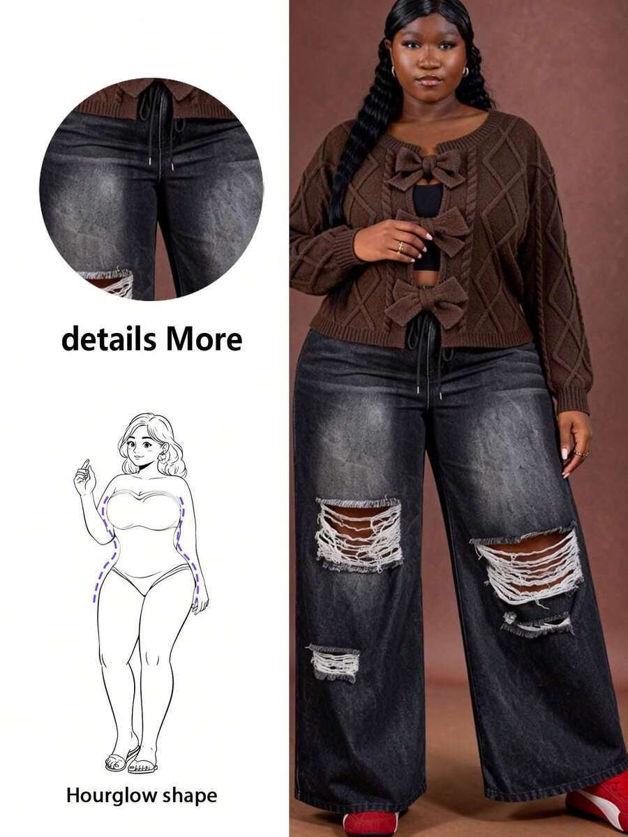 CurvyTilda Damen Große Größen Lässig Destroyed Weite Bein Jeans mit Kordelzug - Schwarz - Übersicht 1