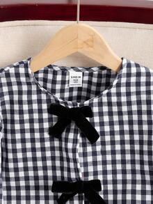 SHEIN 少女可爱彼得潘领蝴蝶结装饰衬衫，度假蝴蝶镂空衬衫 - 藏蓝色 - 查看 5