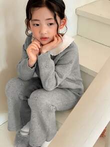 DAZY Young Girl Casual Colorblock Collar Sweater And Knit Pants Set, Autumn/Winter - Grey - View 6