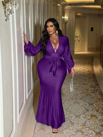  NU&NOW Plus Size Christmas Women's Red Ruffle Tie Lantern Sleeve Long Sleeve Bodycon Dress, Suitable For , Dates, Parties, Autumn/Winter