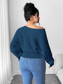 Elenzga Plus Size Batwing Sleeve Drawstring Asymmetrical Knitted Sweater, Thick White Pullover Top For Winter - Royal Blue - View 2