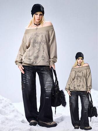 Grunge Punk Asymmetric-Shoulder Y2K Pullover Sweatshirt With Thorn Cross Print And Rivet Decor, Long Sleeve