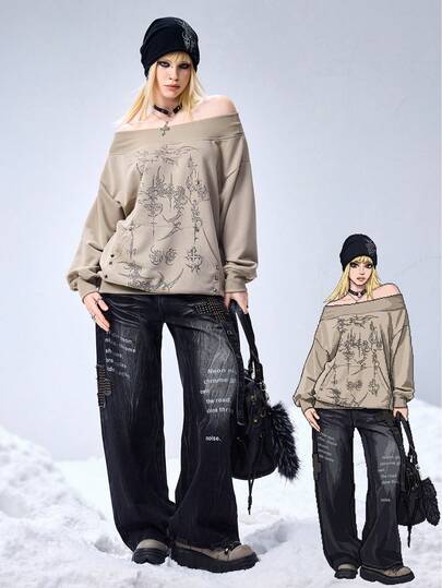 Grunge Punk Asymmetric-Shoulder Y2K Pullover Sweatshirt With Thorn Cross Print And Rivet Decor, Long Sleeve