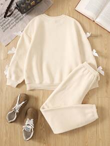 SHEIN Tween Girl Retro Collegiate Knit Crew Neck Colorblock Bow Long Sleeve Sweatshirt Set - Apricot - View 2