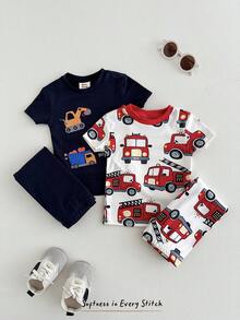 Cozy Pixies 男婴四件套贴身睡衣套装，卡通汽车印花柔软针织圆领短袖上衣和松紧腰长裤 - 彩色 - 查看 4