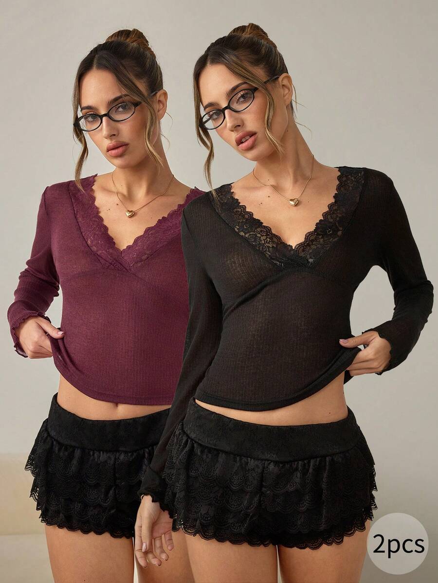 HautHeat 2pcs/Set Women's Sexy Casual Burgundy & Black Slim Fit Long Sleeve T-Shirt For Daily Wear, Commuting, Home, Layering Contrast Lace V-Neck Long Sleeve Loungewear Top, Winter - Burgundy - View 1