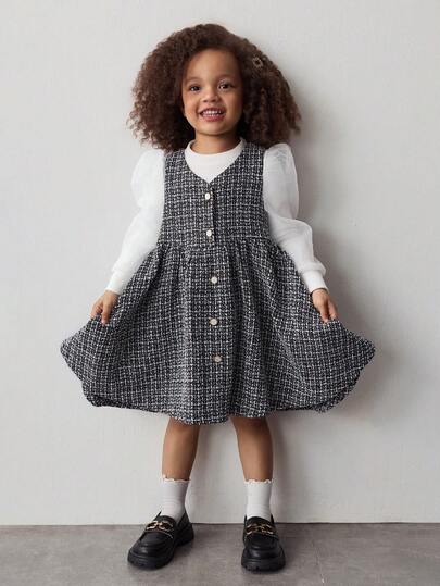 Maija Kids 女童针织白色罗纹拼接网纱立领长袖T恤和粗花呢休闲连衣裙套装