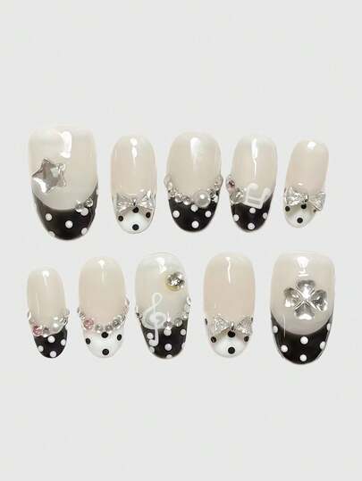 ROMWE Anime 10片Y2K复古星星、波点、条纹、波普艺术、朋克、音符装饰假指甲，手工制作，适合大学、音乐节、约会等场合。