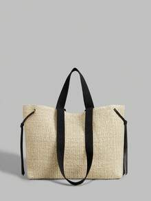 Ontre Ladies Large Capacity Straw Tote Bag With Webbing Shoulder Strap Detail For Holiday Commuting - Apricot - View 1