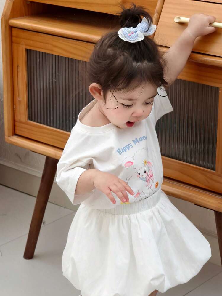 Toddler Girls' Cartoon Print Round Neck Short Sleeve Top