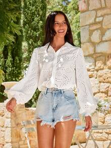 KARISMINA Women's Casual Solid Color Loose Woven Shirt White Eyelet Top Summer Blouses For Women Summer Shirts Woman - White - View 4