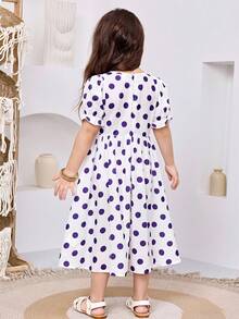 Vestido casual y cómodo con cuello redondo, mangas abullonadas y estampado de lunares para niña - Multicolor - Ver 2