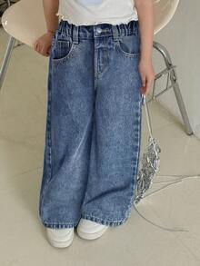 SHEIN 2025新款休闲基础款蓝色宽松直筒牛仔裤，适合春夏休闲度假、乡村波西米亚风、海滩、西部街头风穿搭，也适合春假、锐舞音乐节等场合。 - 深色水洗藍 - 查看 5