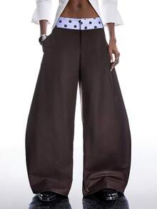 LYSMO 2026 New Arrive Minimalism Spring/Summer  Women's Waist Patchwork Polka Dot Pattern Pocket Flared Leg Casual Pants - Coffee Brown - View 1