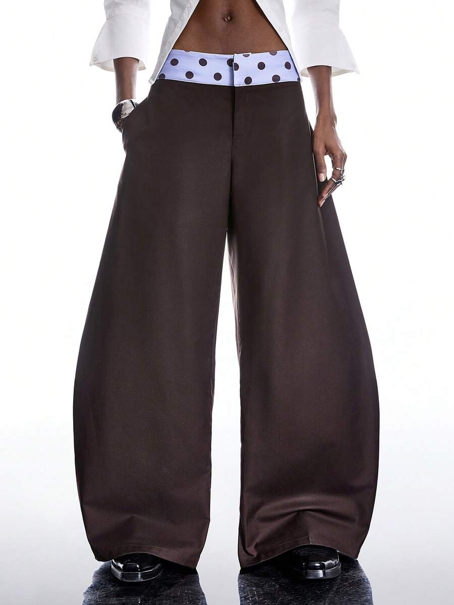 LYSMO 2026 New Arrive Minimalism Spring/Summer  Women's Waist Patchwork Polka Dot Pattern Pocket Flared Leg Casual Pants - Coffee Brown - View 1