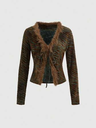 Hippie Top in velluto con stampa animalier e patchwork effetto peluche per donna