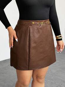 Firerie Chân váy nữ cỡ lớn thoải mái, thanh lịch, đa năng, màu trơn, điểm nhấn kim loại, phù hợp cho mùa xuân, hè, thu, đông. - màu nâu - Xem 3