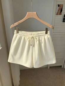 Comfortcana Solid Drawstring Waist Shorts - Khaki - View 6