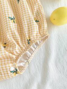Vintaside Kids 1件女婴清新绿色格子荷叶袖连体衣。面料柔软舒适，俏皮可爱，公主风休闲款式，适合春夏户外、旅行、日常穿着。 - 黃色 - 查看 10
