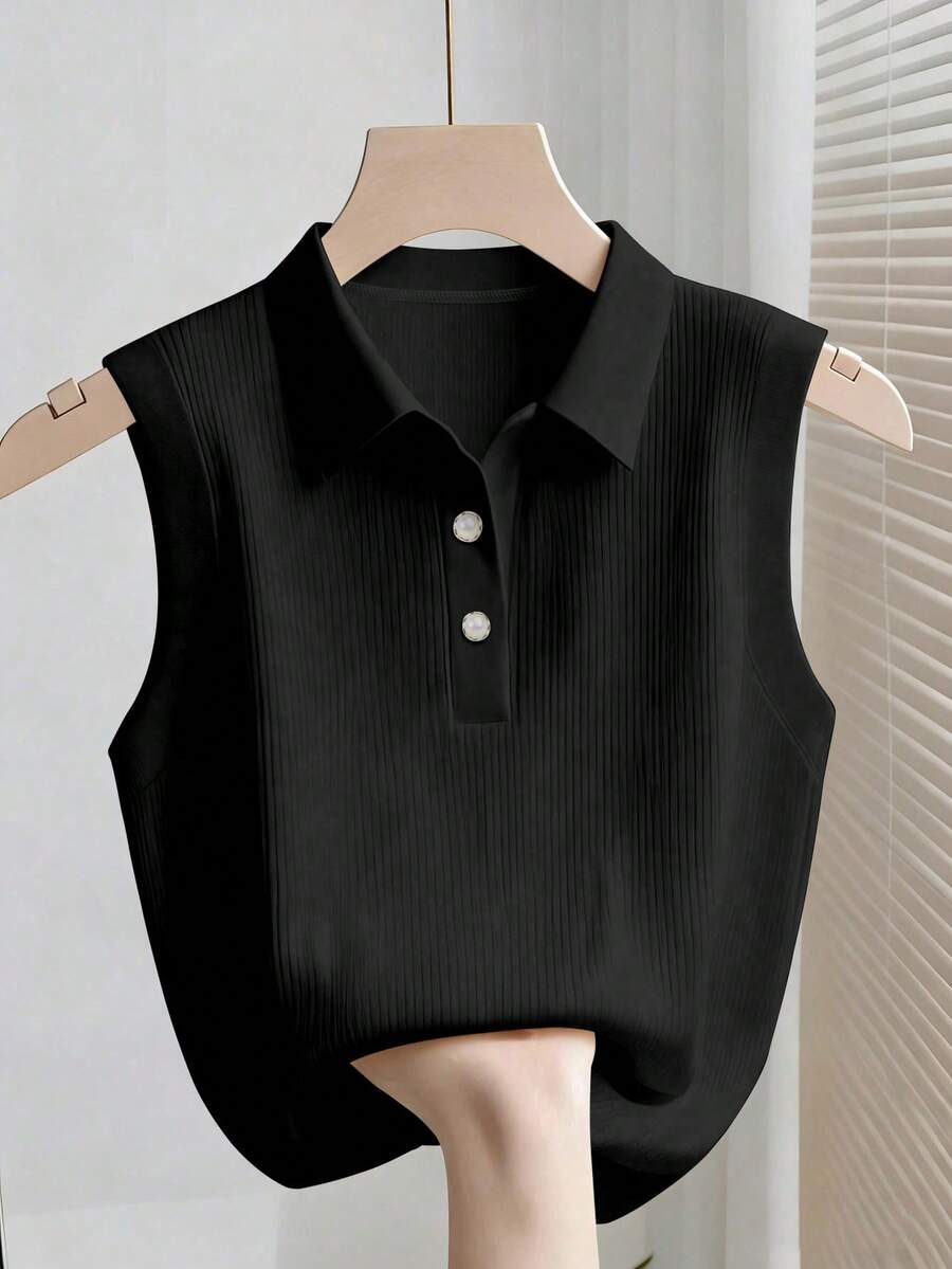 SHEIN Franclia Áo ba lỗ cổ polo không tay dành cho nữ, màu trơn tối giản, thoải mái, đa năng cho việc đi lại hàng ngày, mùa hè - màu đen - Xem 1