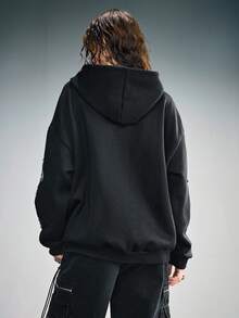 ROMWE Grunge Punk Oversized Cross Embroidered Zip-Up Sweatshirt For Women - Black - View 3