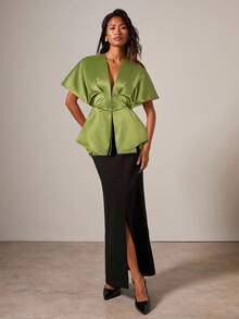 COSMINA Women's Elegant Deep V-Neck Batwing Sleeve Fitted Waist A-Line Short Sleeve Blouse, Versatile For Commuting, Office, Outings, Elegant For Dates, Valentine's Day And Other Occasions, Green Peplum Top, Peplum Top For Women, Green Satin Top, Green For Women - Green - View 4
