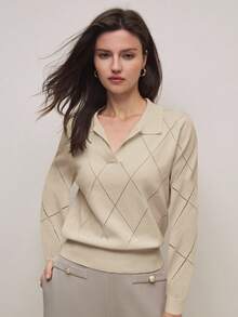 BizChic Women's Polo Collar Diamond Knit Long Sleeve Pullover Sweater, Urban Commute Business Casual Blouse, Elegant Party Outfit, Suitable For Office, Dating, Summer