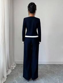 Elenzga Bộ đồ hai mảnh tương phản đen trắng thanh lịch thu/đông 2025 dành cho nữ - Màu xanh hải quân - Xem 2