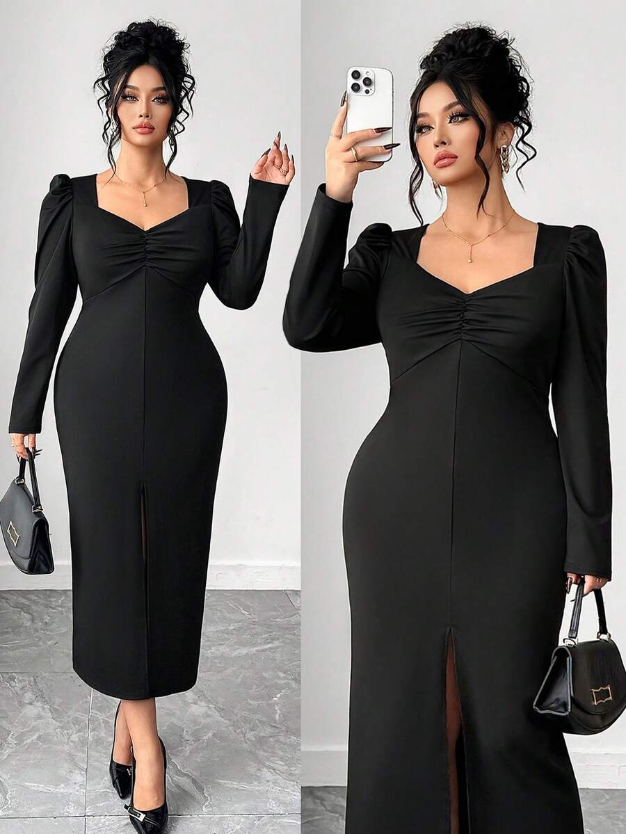 Elenzga Plus Size Women's Elegant Solid Color Square Neck Puff Sleeve Ruched Waist Split Hem Bodycon Dress, Suitable For Business, Date, Party, Afternoon Tea, Holiday, Christmas, Valentine's Day, Autumn/Winter - Black - View 1
