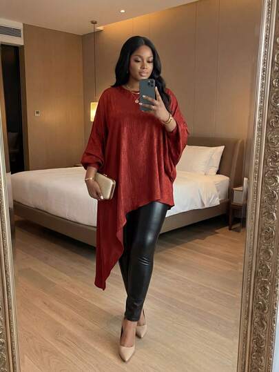 SHEIN Lady 春夏秋冬优雅休闲鸡尾酒会情人节圣诞节金色编织立领不对称衬衫袖不对称中长长袖加大码衬衫冬季女装感恩节女装保暖冬季圣诞节女装长袖圣诞节女装金色迷你裙金色裙子感恩节新年除夕假日情人节新年女装