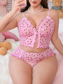 2pcs Plus Size Sweet & Sexy Front Button Floral Print Ruffled Lingerie Set - Pink - View 8