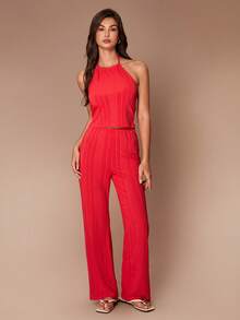 Lazeform Women's Ribbed Knit Halter Jumpsuit Sleepwear - Red - View 4