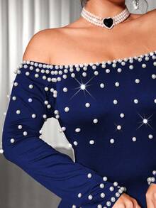 Cravure Vestido largo de manga larga con hombros descubiertos, con perlas y cuentas, para mujer de talla grande - azul real - Ver 7