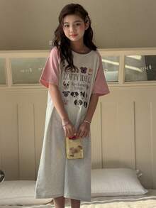 Dazy Kids 少女撞色印花短袖针织睡衣家居服 - 灰色 - 查看 6