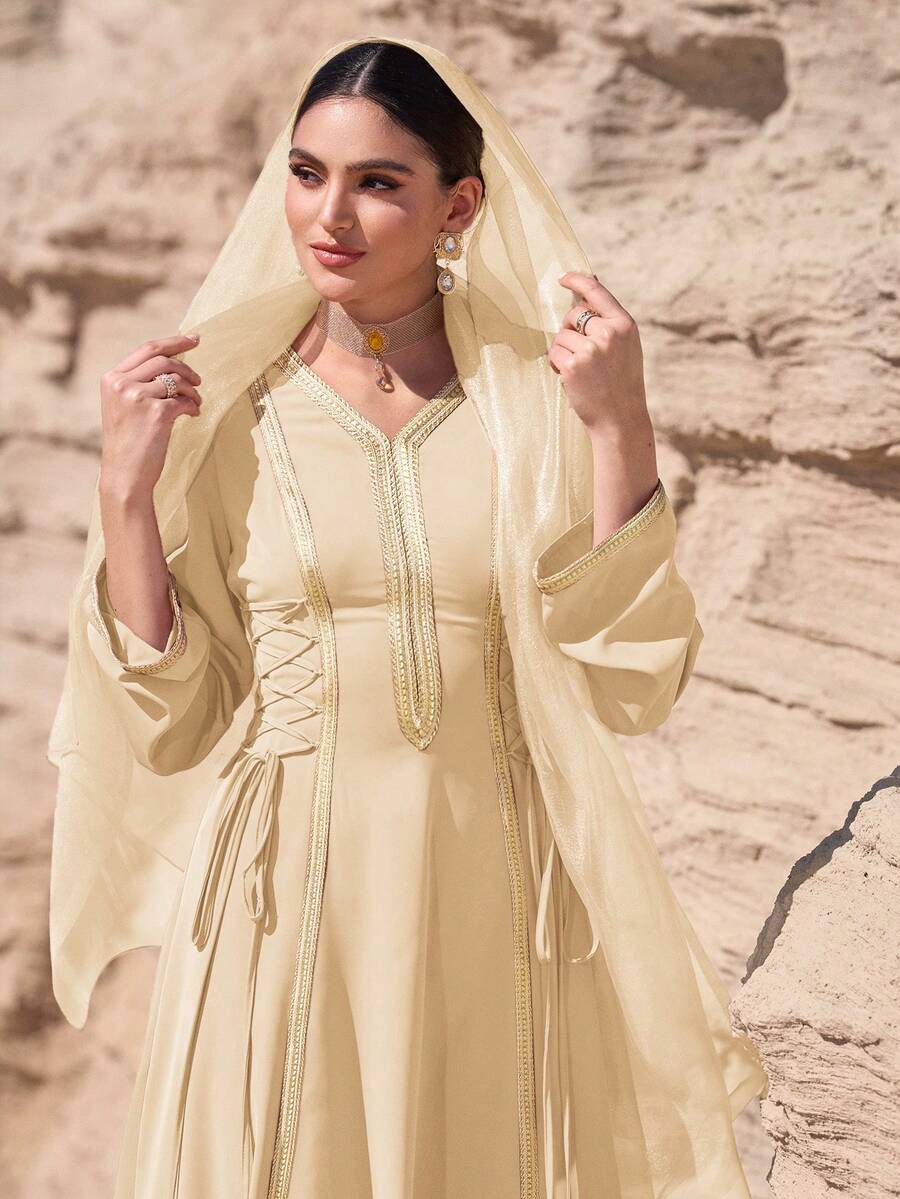 Al Najma 女士优雅度假风V领拼接系带腰连衣裙 - 黃色 - 查看 1