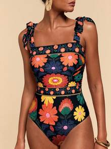 Travachic Traje de baño de una pieza con estampado floral y detalle de nudo frontal para mujer - Multicolor - Ver 3