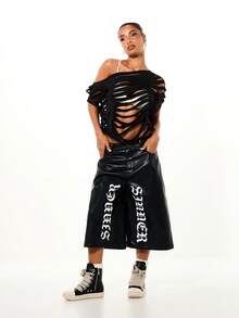 SUMWON WOMEN Edgy Ripped Cut Out Off Shoulder Long Sleeve Top With Distressed Design For Casual Style - Black - View 5