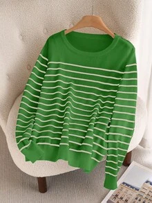 CosyJoli 秋冬季大码休闲日常撞色条纹圆领毛衣 - 綠色 - 查看 1