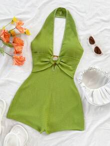 Soleia 女士白色纹理针织露背连体裤，饰有圆形圆环，优雅性感，适合万圣节、圣诞节、度假等场合。 - 綠色 - 查看 6