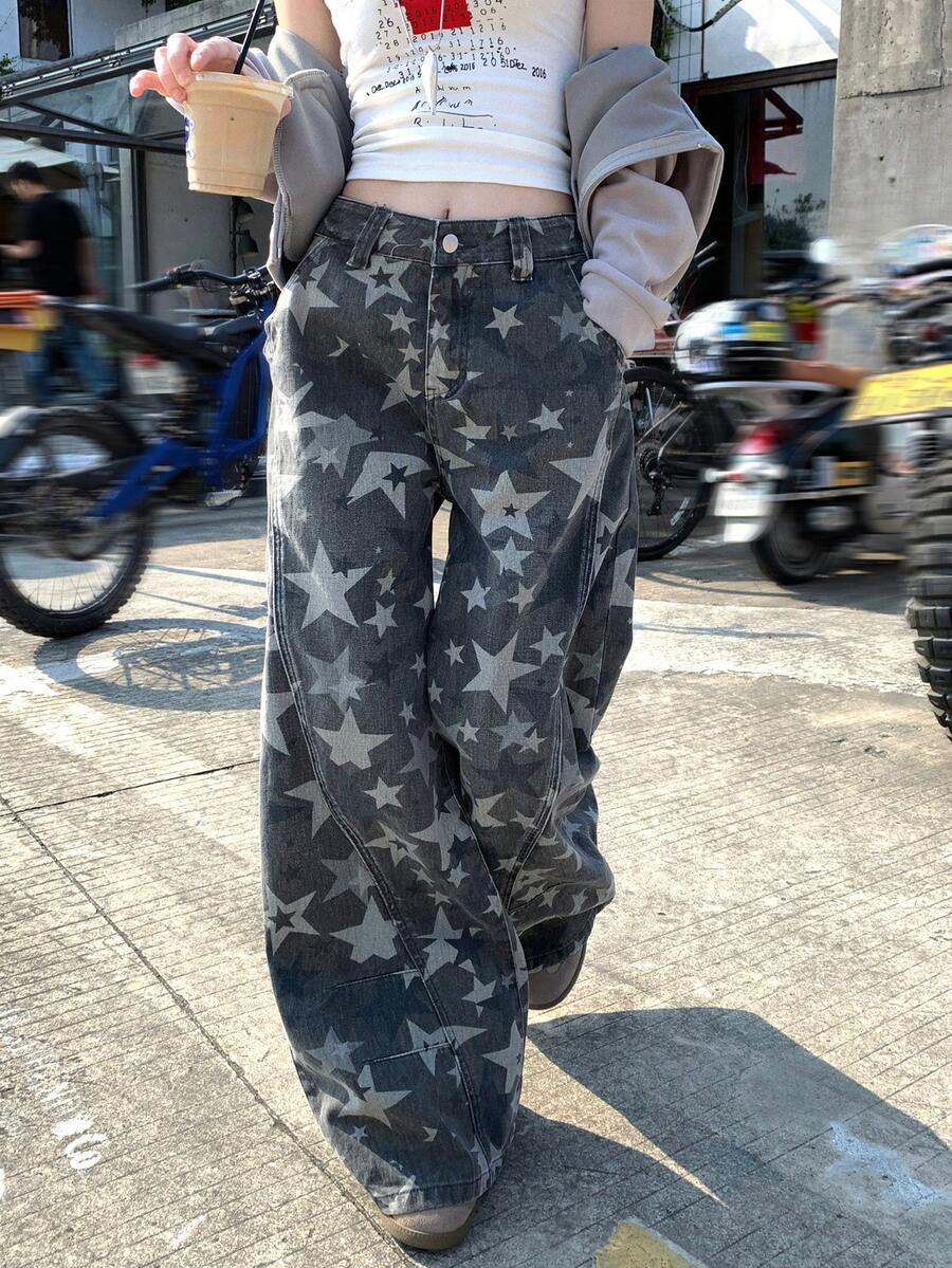 DAZY 女士水洗五角星印花街头复古韩版休闲宽松牛仔裤 - 藍色 - 查看 1