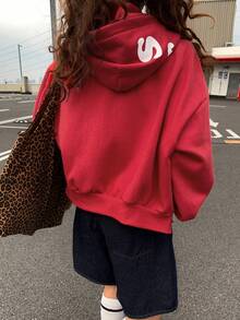 DAZY 女士字母印花休闲卫衣，红色 Y2K 连帽衫 - 紅色 - 查看 6