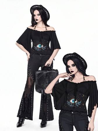 Goth Maglietta da donna vintage con scollo a spalla larga, decorazione in legno a goccia, ricamo a forma di occhio, maniche a pipistrello