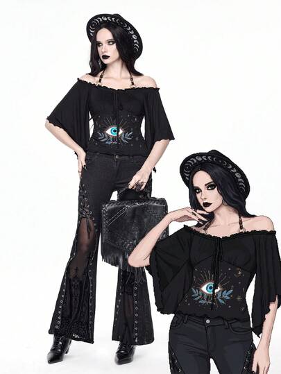 Goth Vintage Loose Off Shoulder Wood Bead Decor Eye Embroidery Batwing Sleeve Women T-Shirt