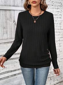 SHEIN Áo thun nữ tay dài cổ tròn tối giản màu trơn, mặc hàng ngày - màu đen - Xem 6
