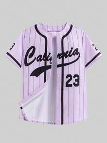 SHEIN 少女黑色条纹复古字母印花宽松外套、黄色修身吊带背心和黄色短裤 - 淡紫色 - 查看 3