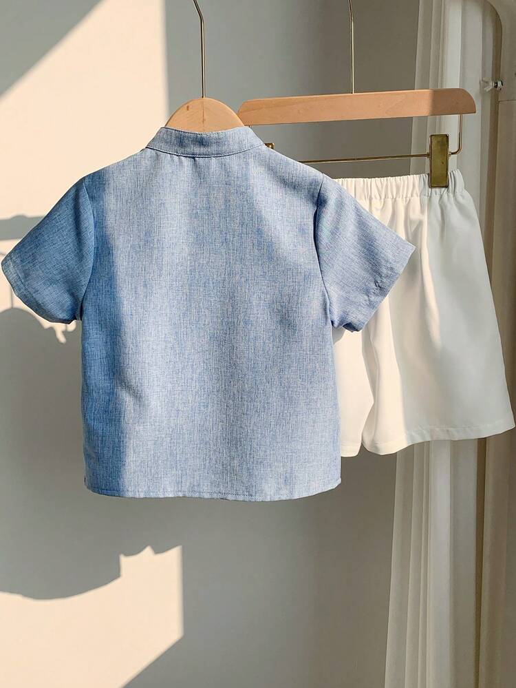 SHEIN LMoss Kids Toddler Boy Clothes,Toddler,2pcs Kids Boys Casual V-Neck Short Sleeve Shirt And Shorts Set - Blue and White - View 4